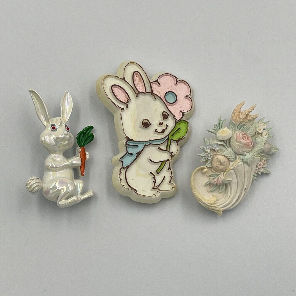 Vintage Lot 3 Easter Bunny Rabbit Flowers Floral Spring Pin Brooch 80s Hallmark